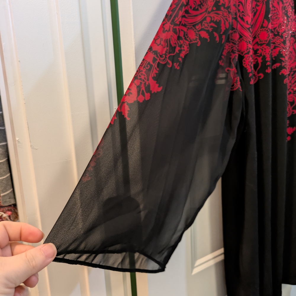 🔴3/$15 JM Collection Black Tunic with Red Ornate Yoke - Picture 4 of 12
